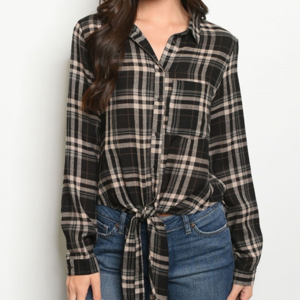 BLACK & BROWN CHECKERED FLANNEL BUTTON DOWN TOP - Picture 1 of 7